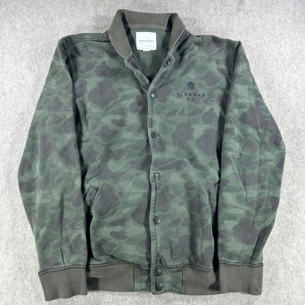 American Eagle Mens Varsity Jacket Camo Snap Button Spellout Green Size Medium